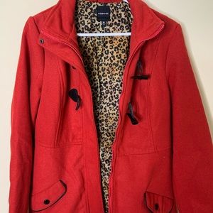 red jacket with cheetah inside and black details